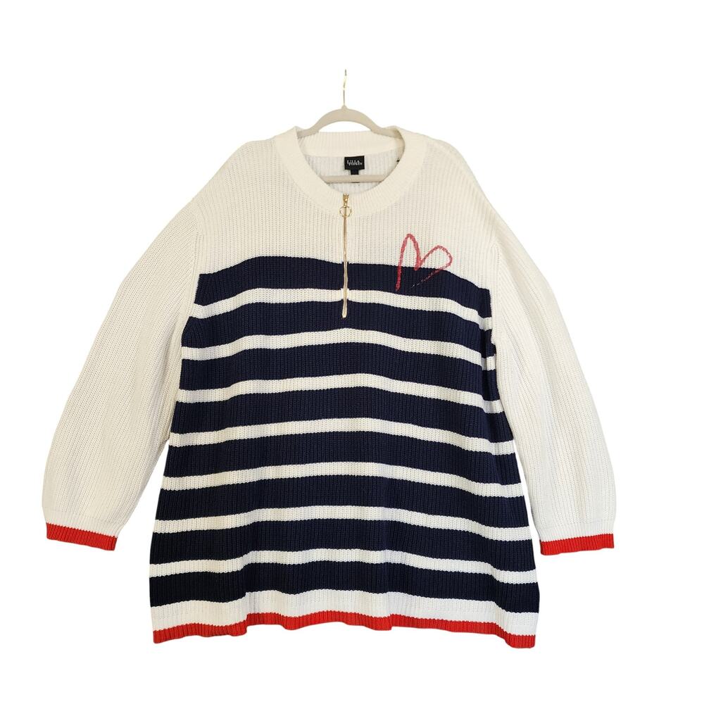 Ulla Popken Womens Sweater Plus Size 24/26 Blue White Nautical Striped Heart - Picture 2 of 13